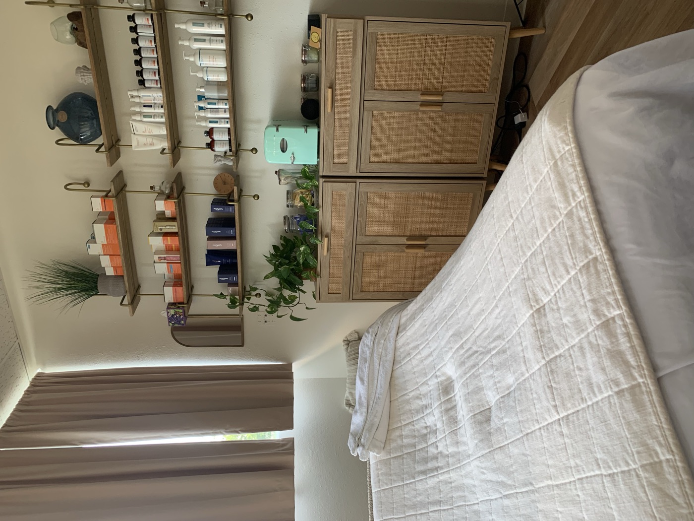 Open shelves and the treatment bed in morning light